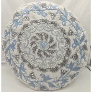 Shabby Chic Zafu Meditation Mandala Accent Pillow 17" Round Boho Soft Beige Blue